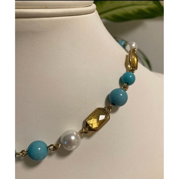Anne Klein Vintage Faux Turquoise Pearl & Citrine Glass Stone Necklace Set - Picture 4 of 15